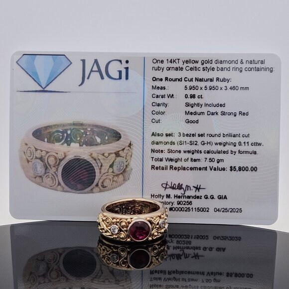 14KT Yellow Gold Diamond & Natural Ruby Walkers Celtic Jewelry Band Ring 5.5 - Picture 6 of 16